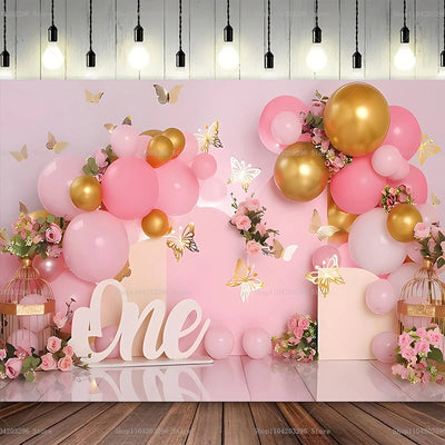 One Year Old Baby Birthday Backdrop Toys Bear White Balloons
