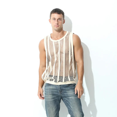 Men Tank Top Sleeveless Undershirt in a mesh style, perfect for summer casual wear.