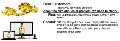 Image showing a tape measure and a message about size and color variations for a clothing store.