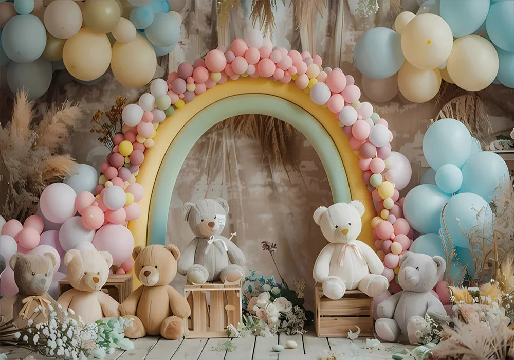 One Year Old Baby Birthday Backdrop Toys Bear White Balloons