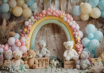 One Year Old Baby Birthday Backdrop Toys Bear White Balloons