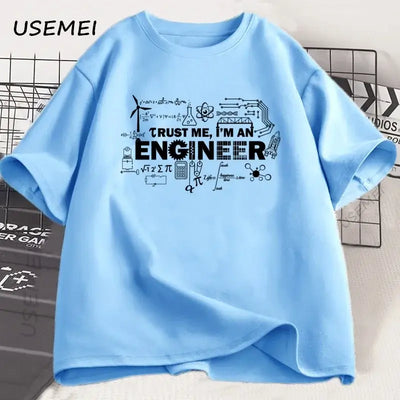 Engineer t-shirt for men in blue with graphic design saying 'Trust Me, I'm an Engineer' by USEMEI.