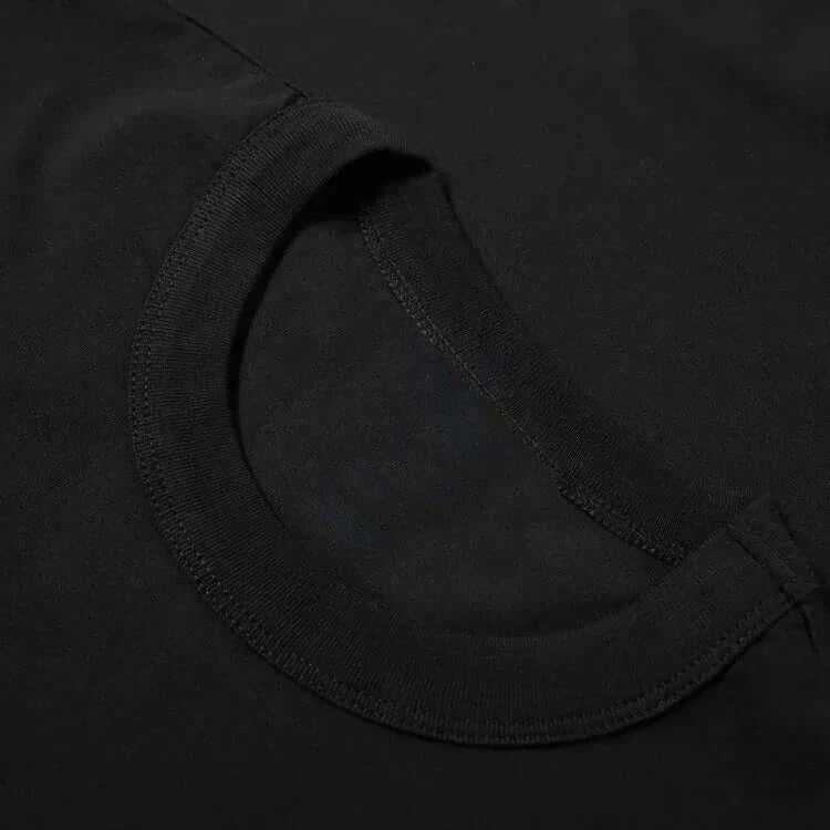 Close-up of the collar on a black Stand T-Shirt for Men Graphic T Shirts Tops, showcasing its soft neckline.