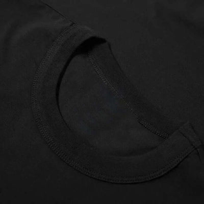 Close-up of the collar on a black Stand T-Shirt for Men Graphic T Shirts Tops, showcasing its soft neckline.