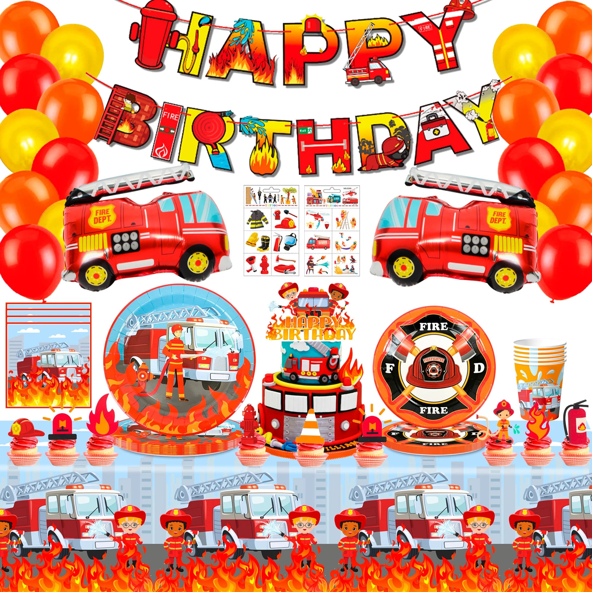 Fire Truck Birthday Party Supplies,95pcs  Birthday Party Decorations for Boys-Firetruck Birthday Balloons Plates Napkins etc