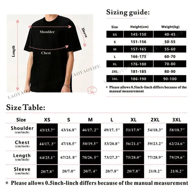 Sizing guide for men's graphic t-shirt with size table and measurements for different sizes including XS, S, M, L, XL, 2XL, 3XL.