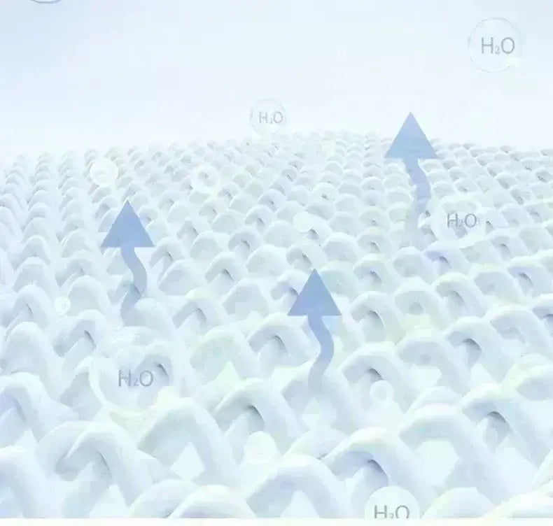 Textured white surface with arrows indicating moisture flow and water symbols, symbolizing breathability and hydration.