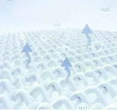 Textured white surface with arrows indicating moisture flow and water symbols, symbolizing breathability and hydration.