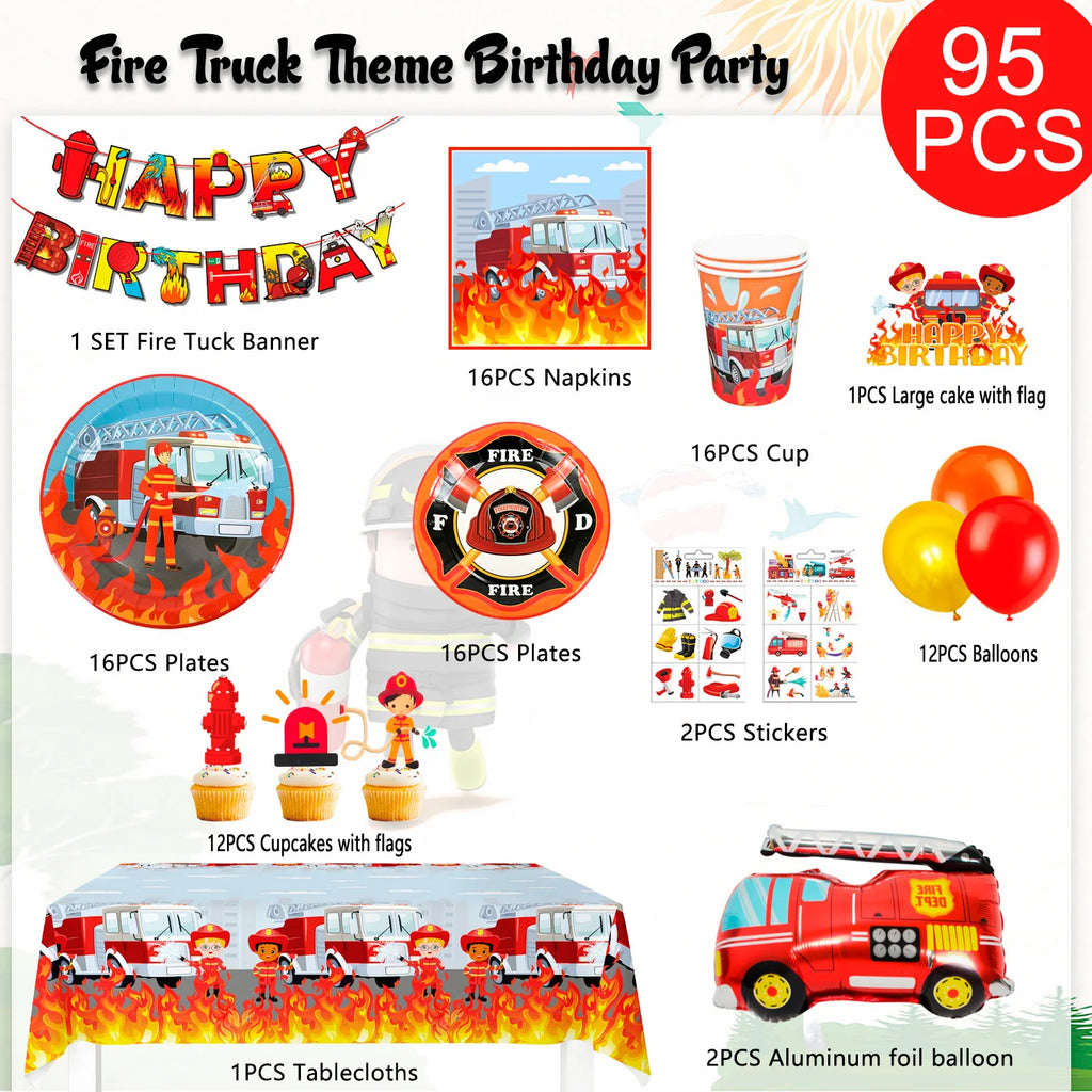 Fire Truck Birthday Party Supplies,95pcs  Birthday Party Decorations for Boys-Firetruck Birthday Balloons Plates Napkins etc
