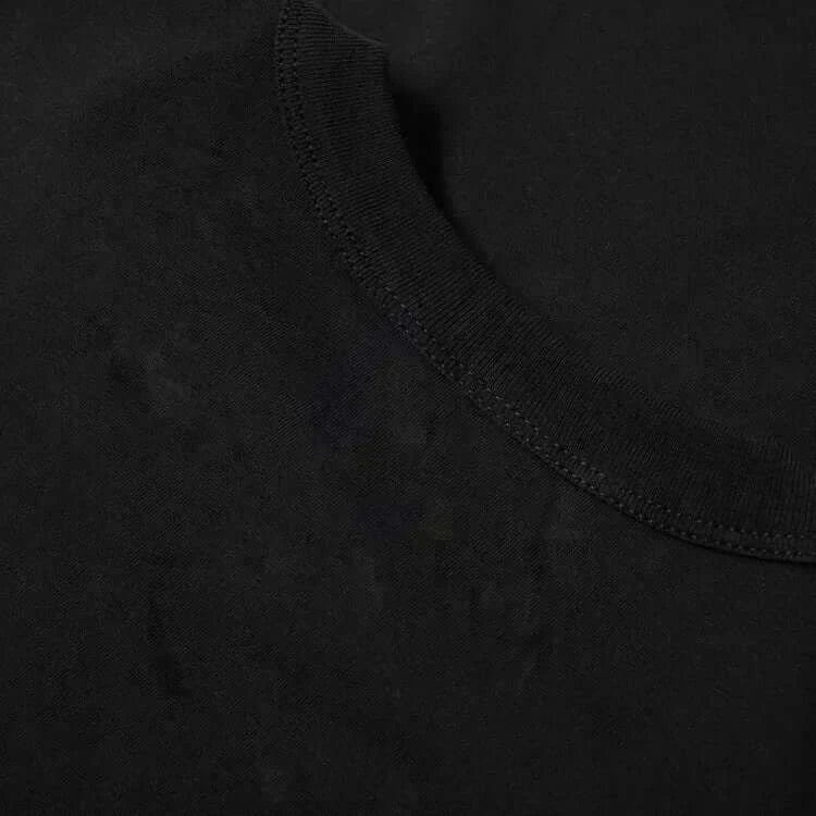 Close-up view of the neckline of a black Stand T-Shirt for Men Graphic T Shirts Tops, showcasing the fabric texture.