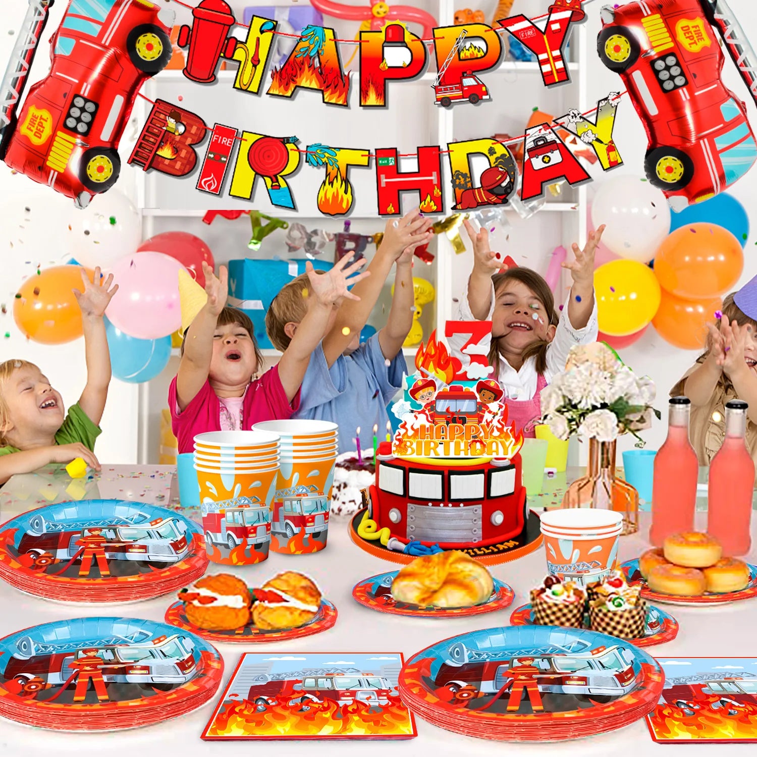 Fire Truck Birthday Party Supplies,95pcs  Birthday Party Decorations for Boys-Firetruck Birthday Balloons Plates Napkins etc