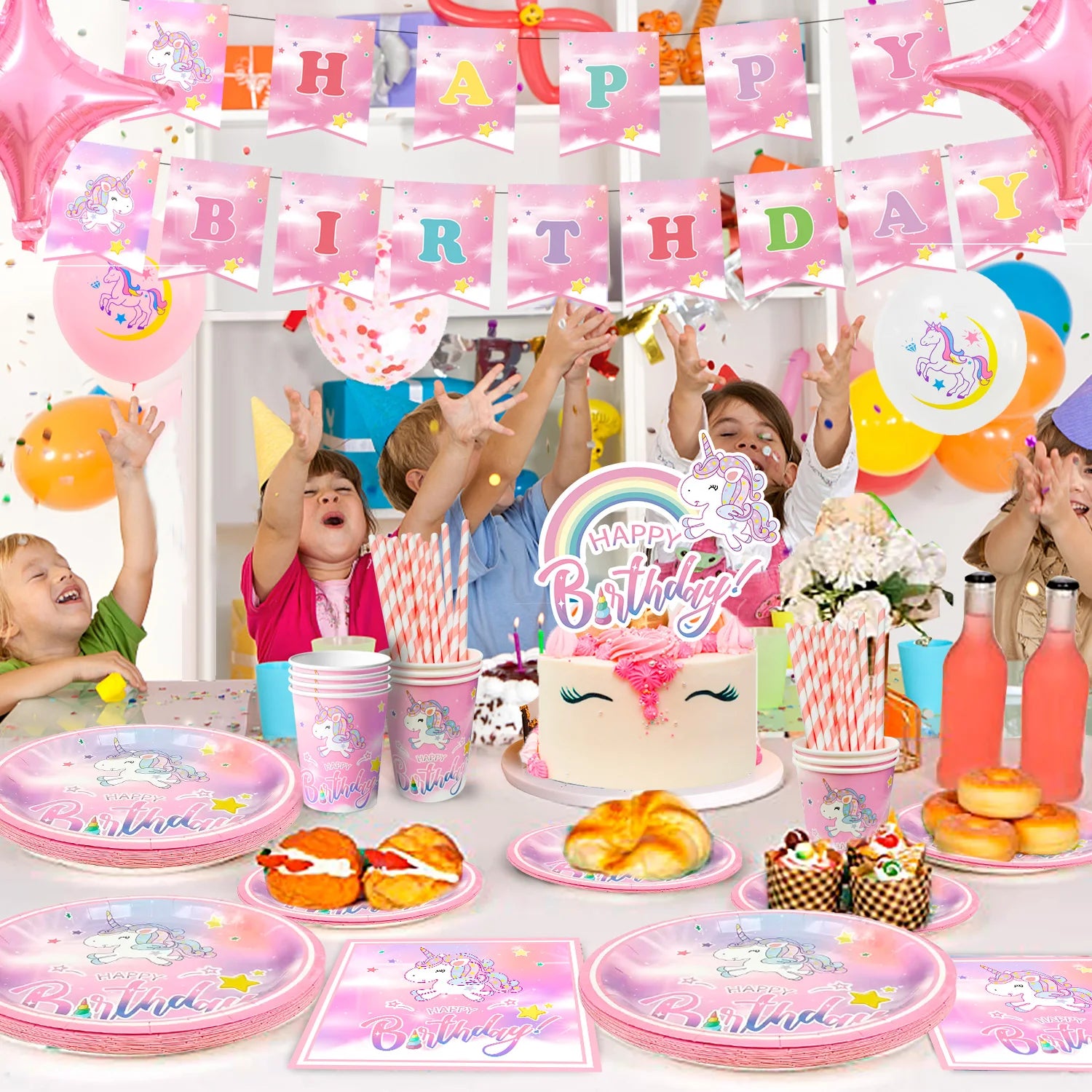Unicorn Birthday Party Supplies,116pcs Decorations&Birthdays Tableware Set-Unicorn Party Plates Napkins Table Cloth etc