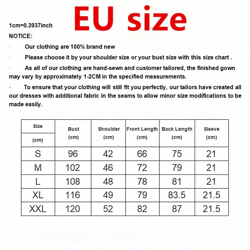 EU size chart for clothing with measurements for bust, shoulder, front length, back length, and sleeve in centimeters.