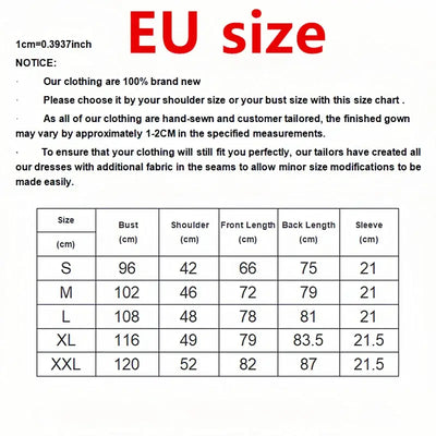 EU size chart for clothing with measurements for bust, shoulder, front length, back length, and sleeve in centimeters.