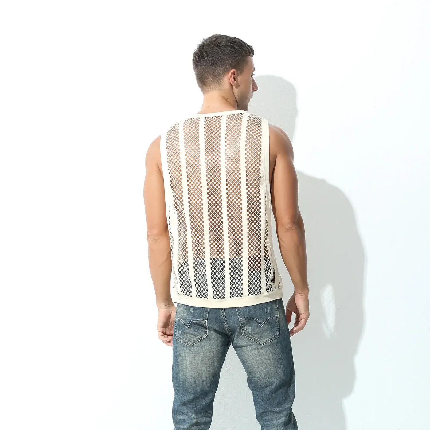 Men Tank Top Sleeveless Undershirt styled with a mesh design, viewed from the back, perfect for spring and summer.