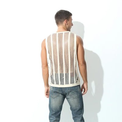 Men Tank Top Sleeveless Undershirt styled with a mesh design, viewed from the back, perfect for spring and summer.