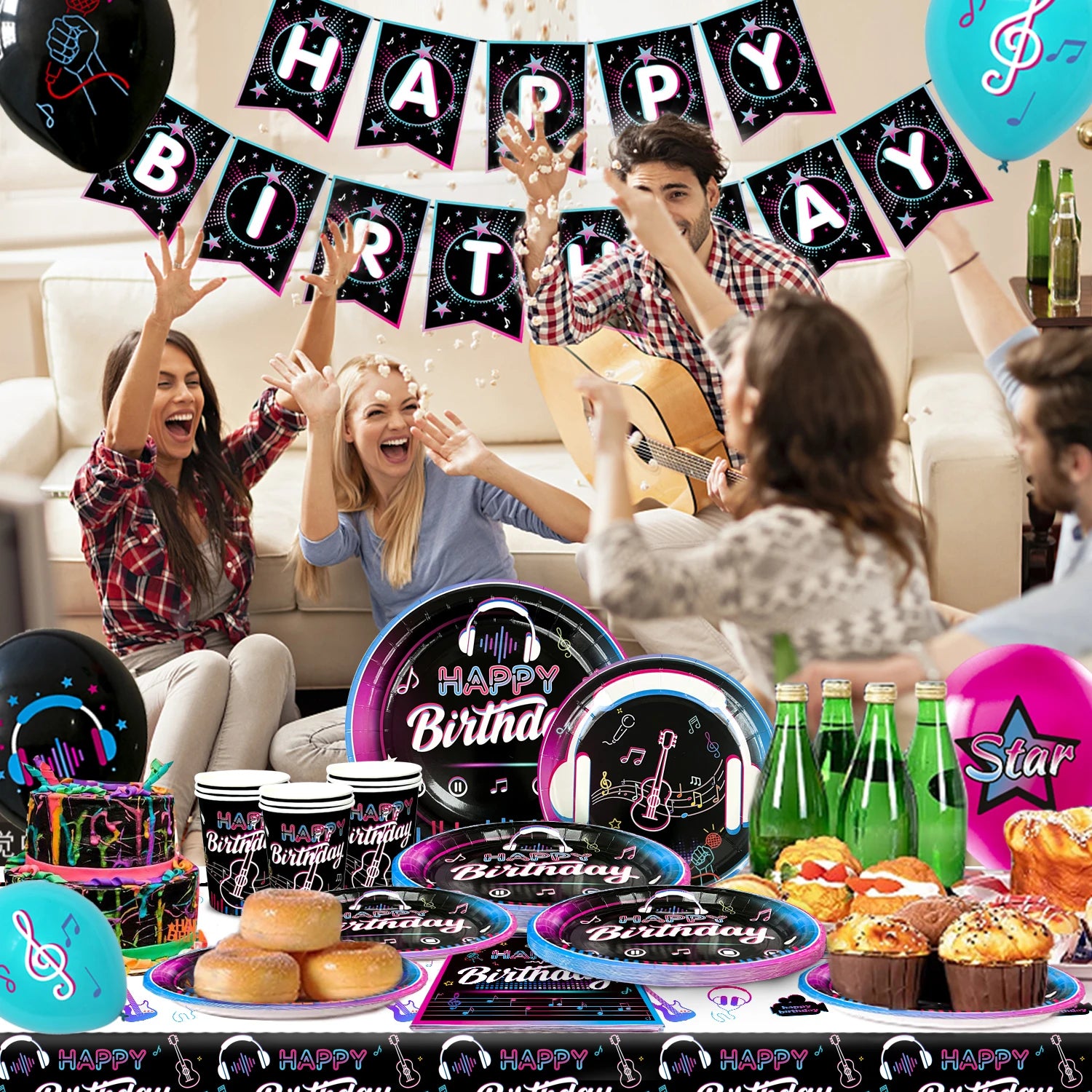 Music Party Decorations,77pcs Music Birthday Party Decorations Tableware Set - Music Balloons Banner Tablecloth Plates Cups
