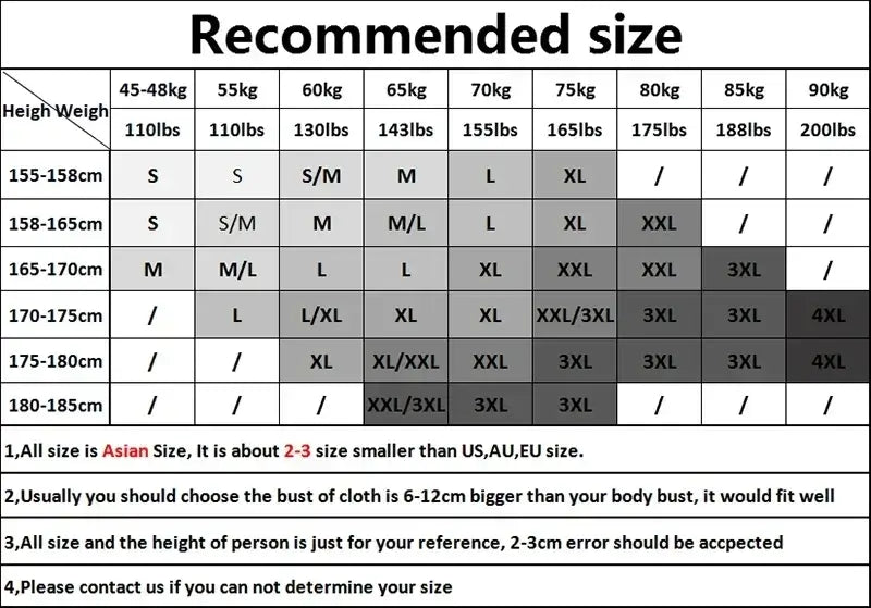 Recommended size chart for engineer t-shirt for men, detailing height and weight ranges with corresponding sizes.