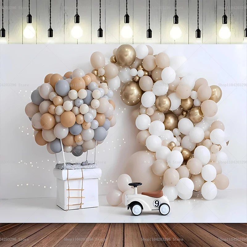 One Year Old Baby Birthday Backdrop Toys Bear White Balloons