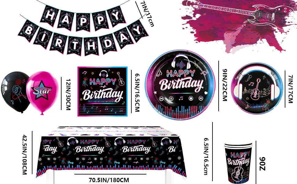 Music Party Decorations,77pcs Music Birthday Party Decorations Tableware Set - Music Balloons Banner Tablecloth Plates Cups