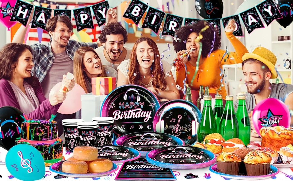 Music Party Decorations,77pcs Music Birthday Party Decorations Tableware Set - Music Balloons Banner Tablecloth Plates Cups