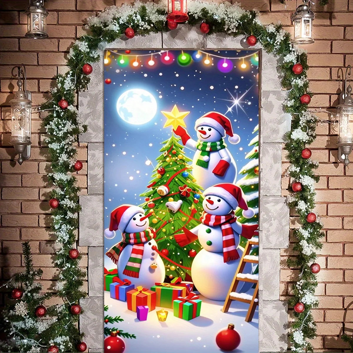 Christmas door casing, snowman decorated Christmas tree,