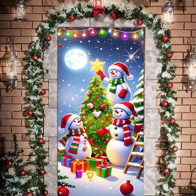 Christmas door casing, snowman decorated Christmas tree,