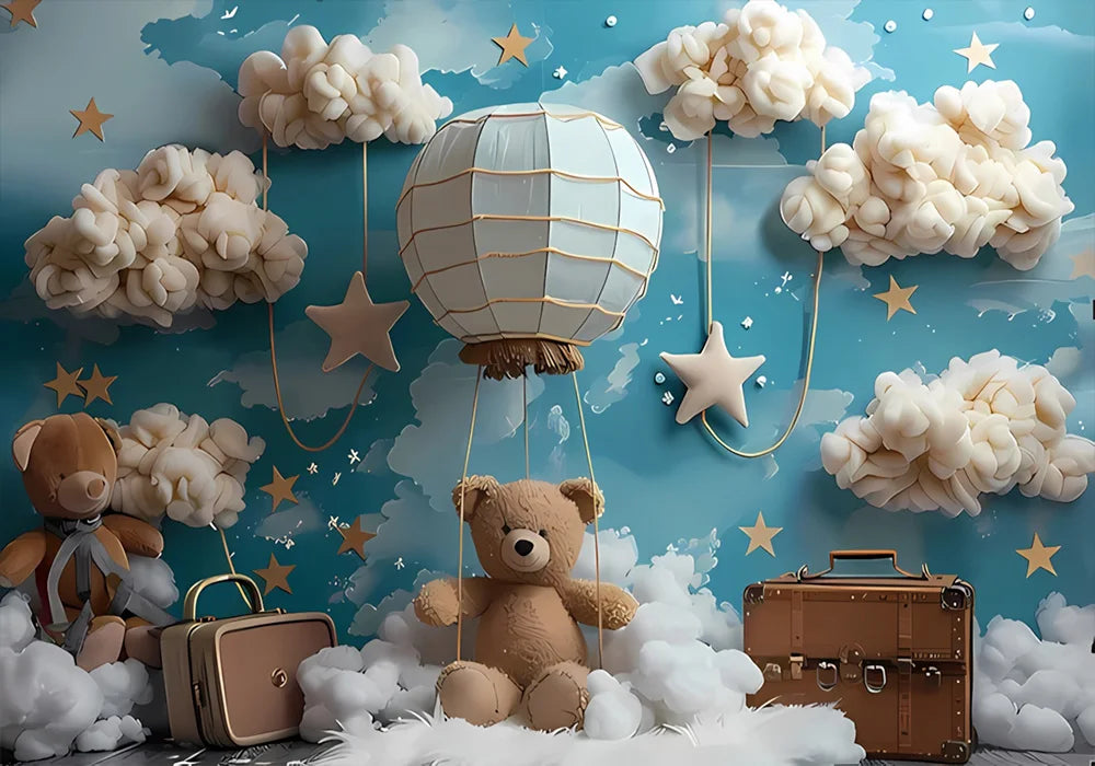 One Year Old Baby Birthday Backdrop Toys Bear White Balloons