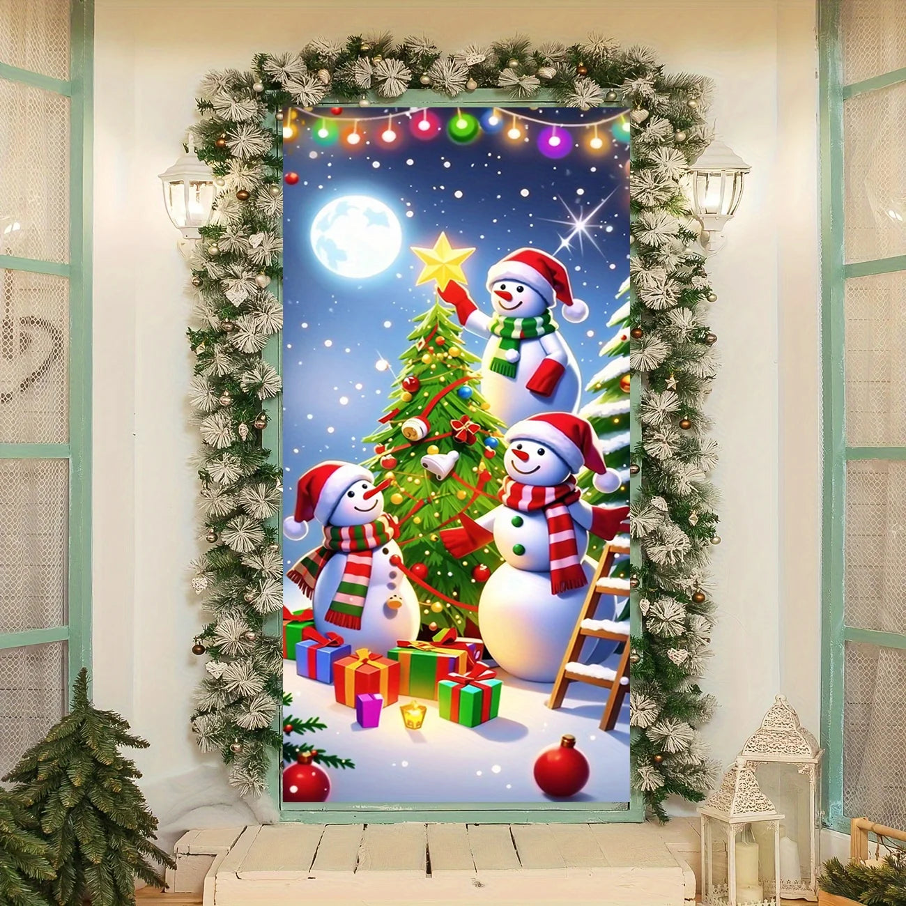 Christmas door casing, snowman decorated Christmas tree,