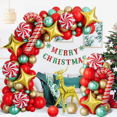 Christmas crutches, candy, golden deer, balloon decoration,