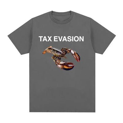 Men's grey T-shirt with a lobster graphic and bold text saying 'TAX EVASION'.