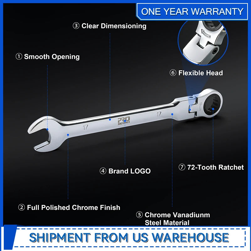 14 Piece Flex-Head Ratchet Set 6-19mm Metric Chrome Vanadium Steel Ratchet Combination End Wrench Set By Prostormer