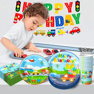 Transportation Birthday Party Supplies,104pcs Party Tableware Set - Birthday Decor Banner Tablecloth Plates Napkin etc
