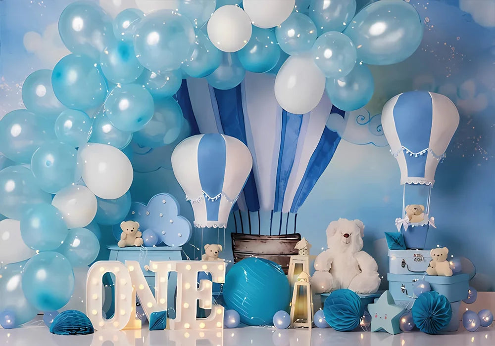 One Year Old Baby Birthday Backdrop Toys Bear White Balloons