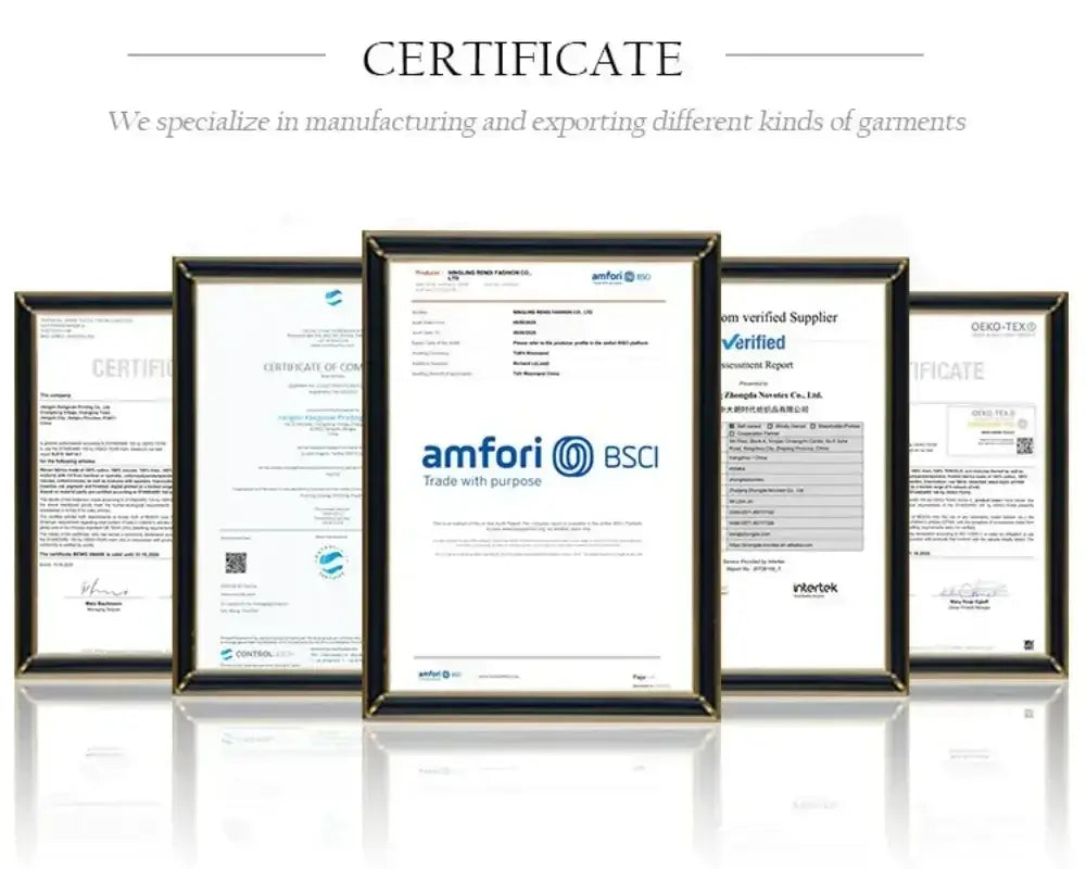 Certificates displaying manufacturing and exporting credentials for different kinds of garments.