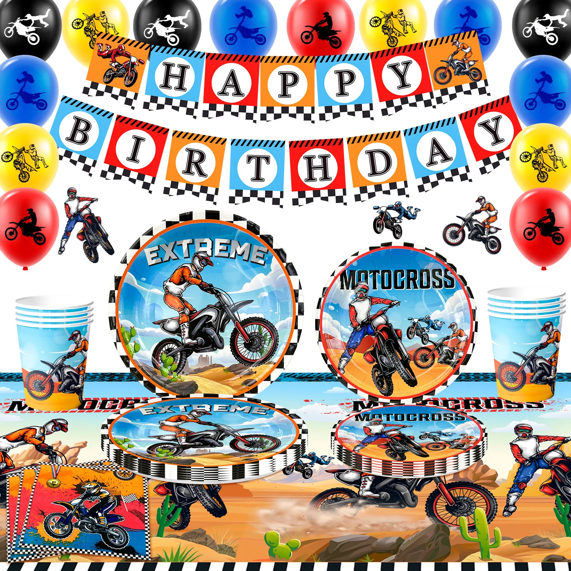 Motorcycle Birthday Supplies,98pcs Decorations&Motorcycle Theme Party Tableware Set-Dirt Bike Party Plates and Napkins Cups etc