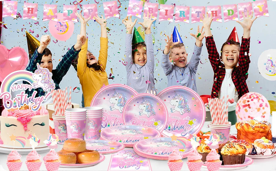 Unicorn Birthday Party Supplies,116pcs Decorations&Birthdays Tableware Set-Unicorn Party Plates Napkins Table Cloth etc