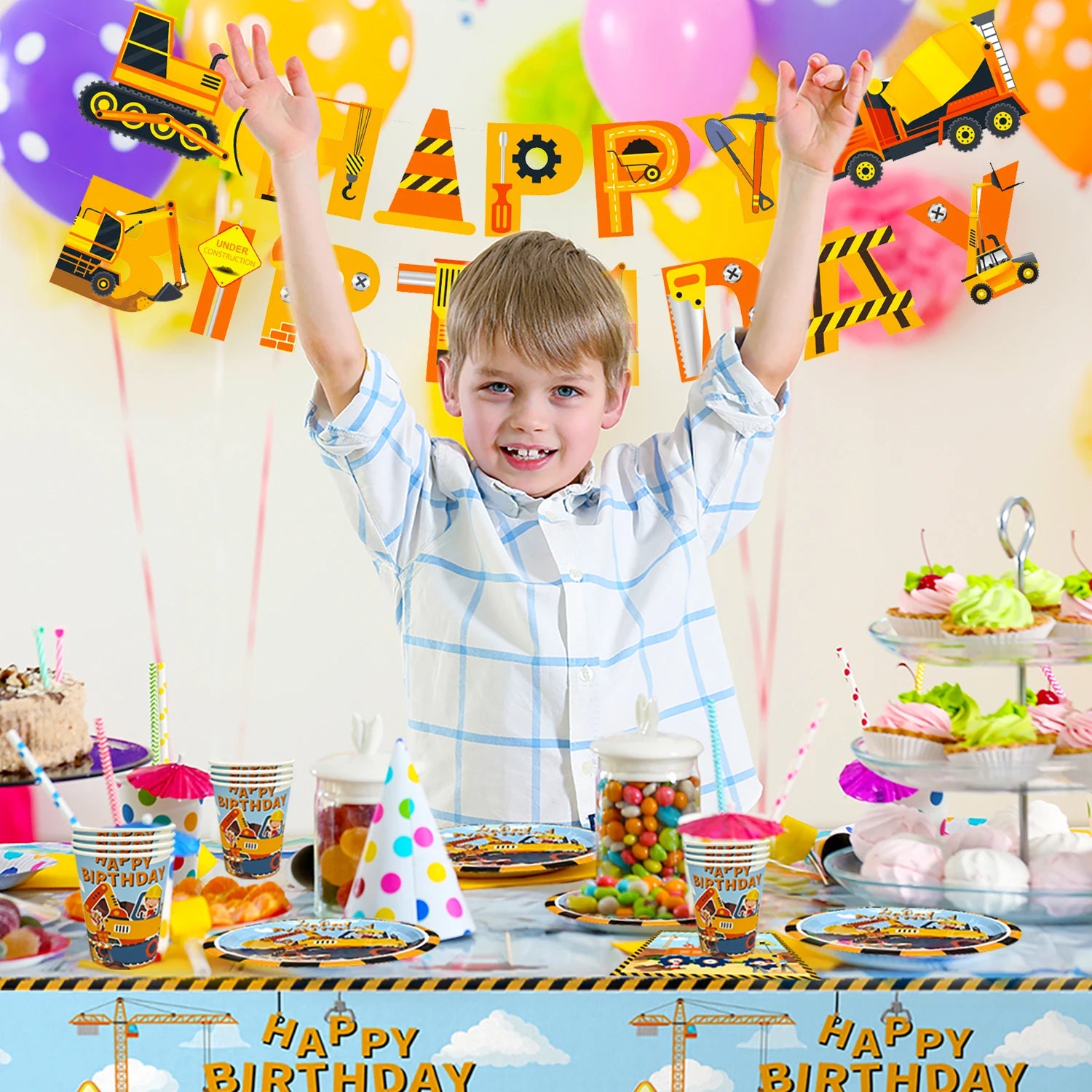 66pcs Construction Party Supplies Tableware Set-Construction Birthday Party Plates Cups Napkins Tablecloth Banner etc