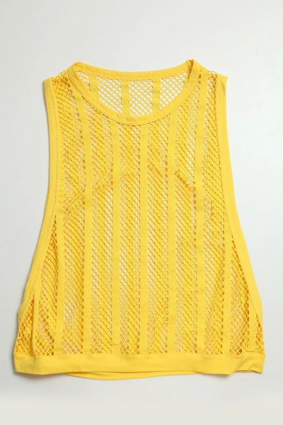 Men Tank Top Sleeveless Undershirt in bright yellow, featuring a stylish mesh design, perfect for spring and summer wear.