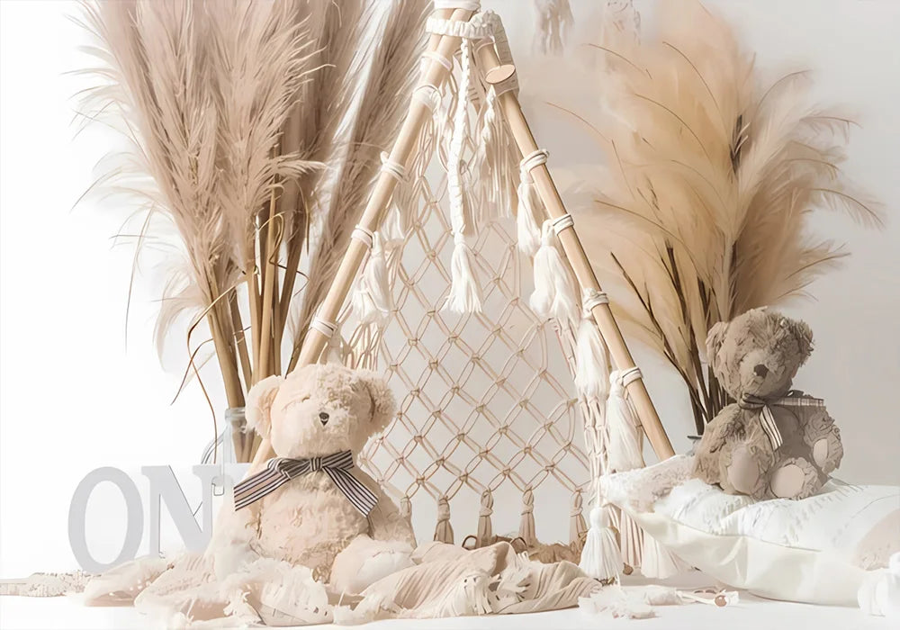 One Year Old Baby Birthday Backdrop Toys Bear White Balloons