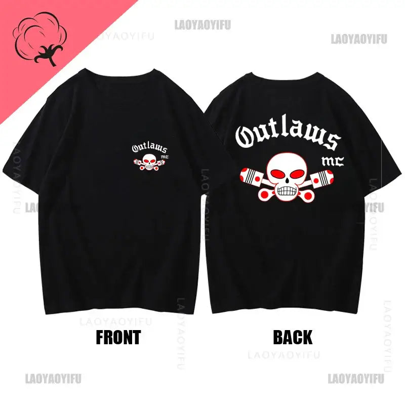 Outlaws MC men T shirt support outlaws t-shirt summer brand, black t-shirt with skull and text on front and back.