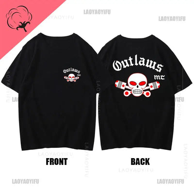 Outlaws MC men T shirt support outlaws t-shirt summer brand, black t-shirt with skull and text on front and back.