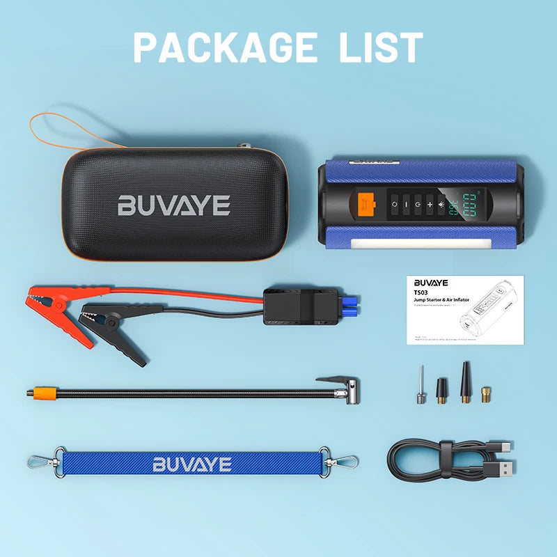 BUVAYE Jump Starter Air Compressor with Power Bank 1500A Peak Battery Booster 150PSI Electric Pump 12V Car Starter with Lighting