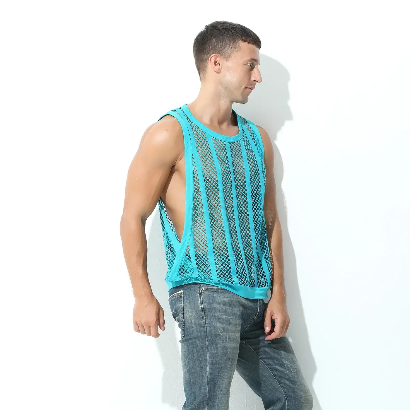 Men Tank Top Sleeveless Undershirt in turquoise mesh design, perfect for spring and summer wear.