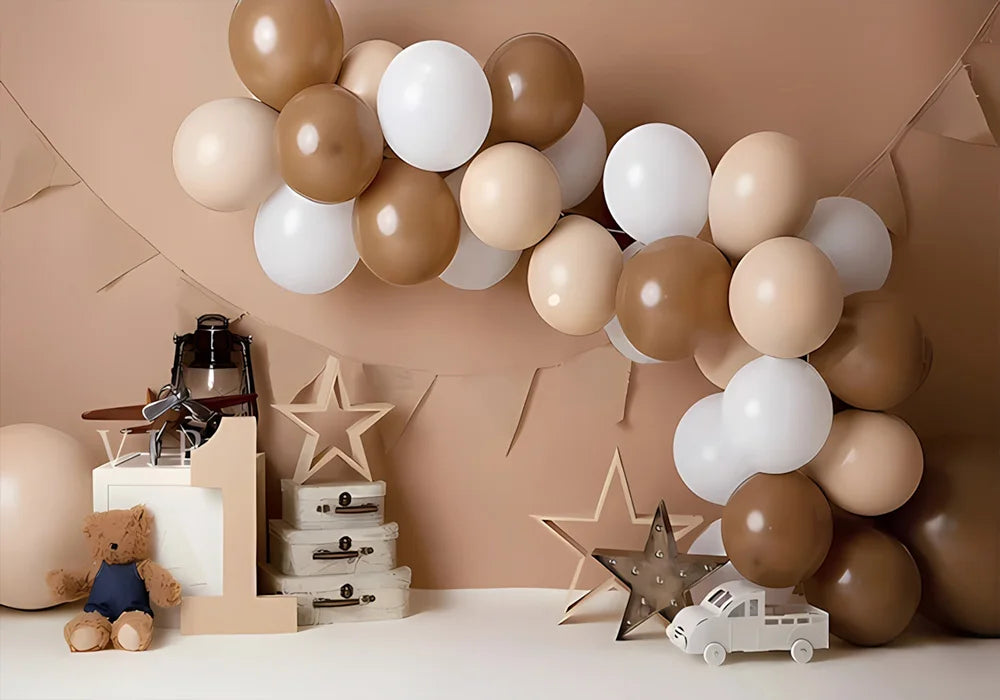 One Year Old Baby Birthday Backdrop Toys Bear White Balloons