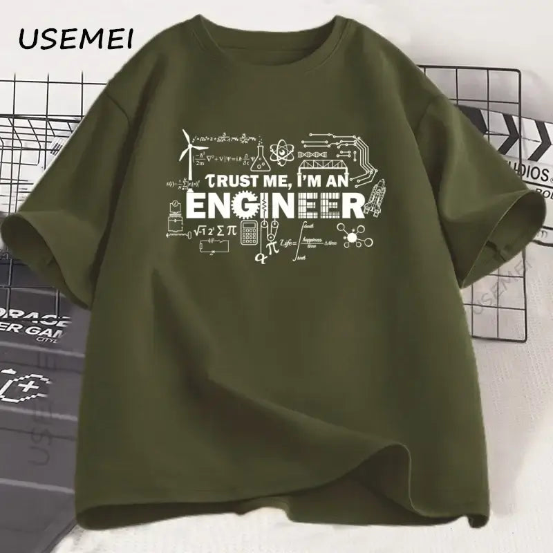 Engineer t-shirt for men featuring the text 'Trust Me, I'm an Engineer' with engineering graphics, green color.