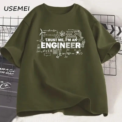 Engineer t-shirt for men featuring the text 'Trust Me, I'm an Engineer' with engineering graphics, green color.