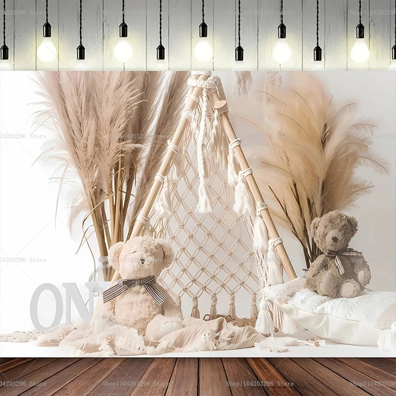 One Year Old Baby Birthday Backdrop Toys Bear White Balloons