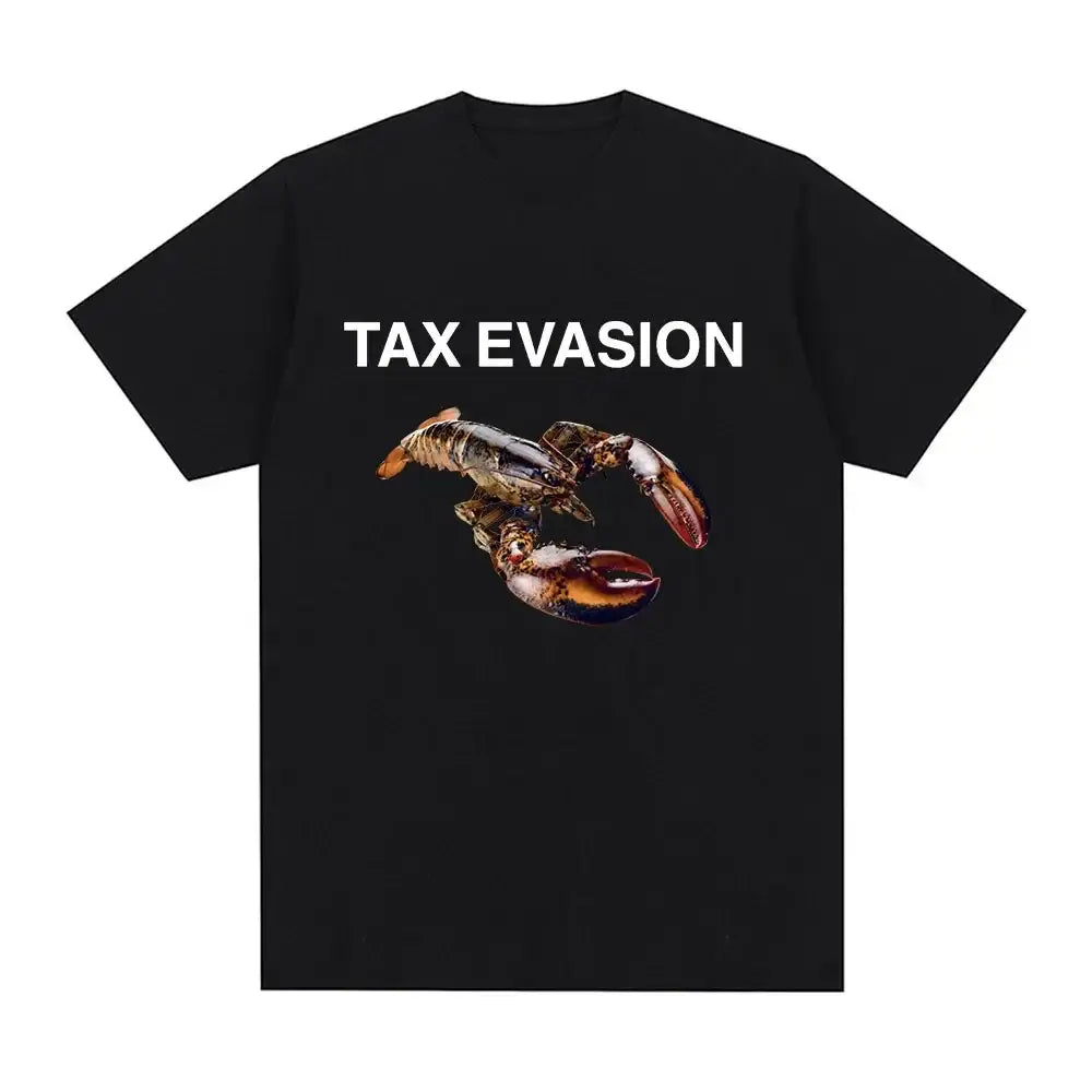 Black T-shirt featuring a lobster graphic with the text 'TAX EVASION' for a humorous fashion statement.