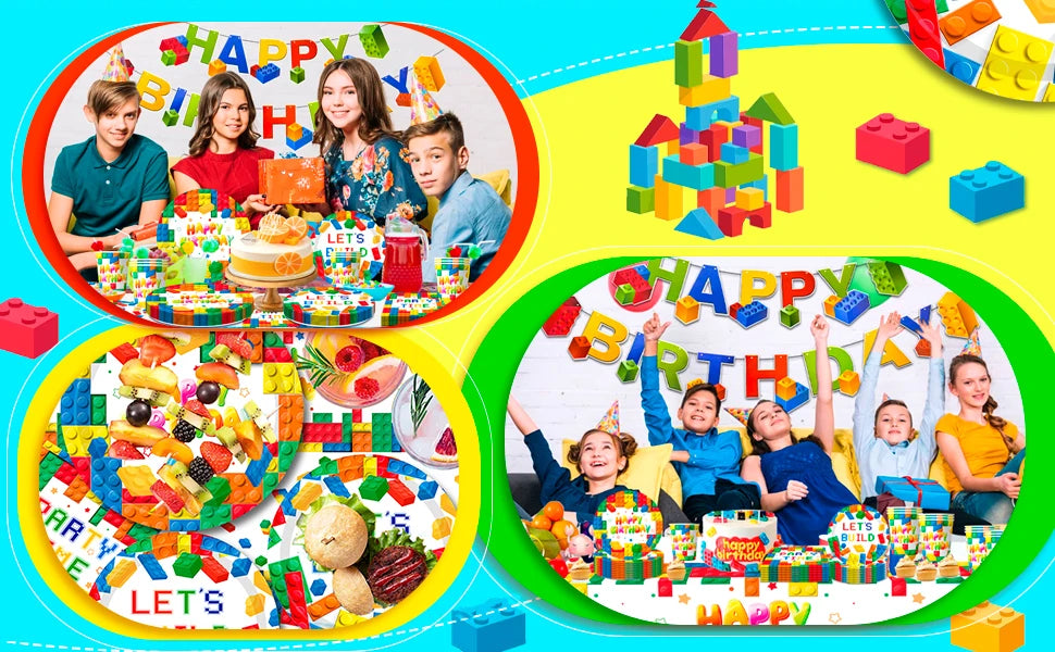 Building Blocks Birthday Party Supplies-66pcs Party Tableware set-Building Block Party Plates Napkins Tablecloth etc